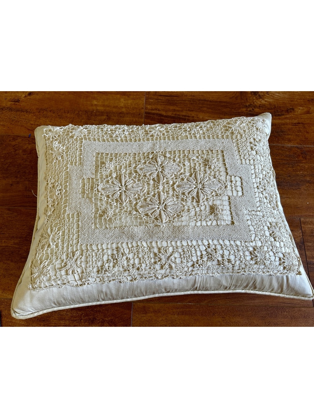 Vintage Handmade Cream Decorative Bed Pillow with Lace Detail